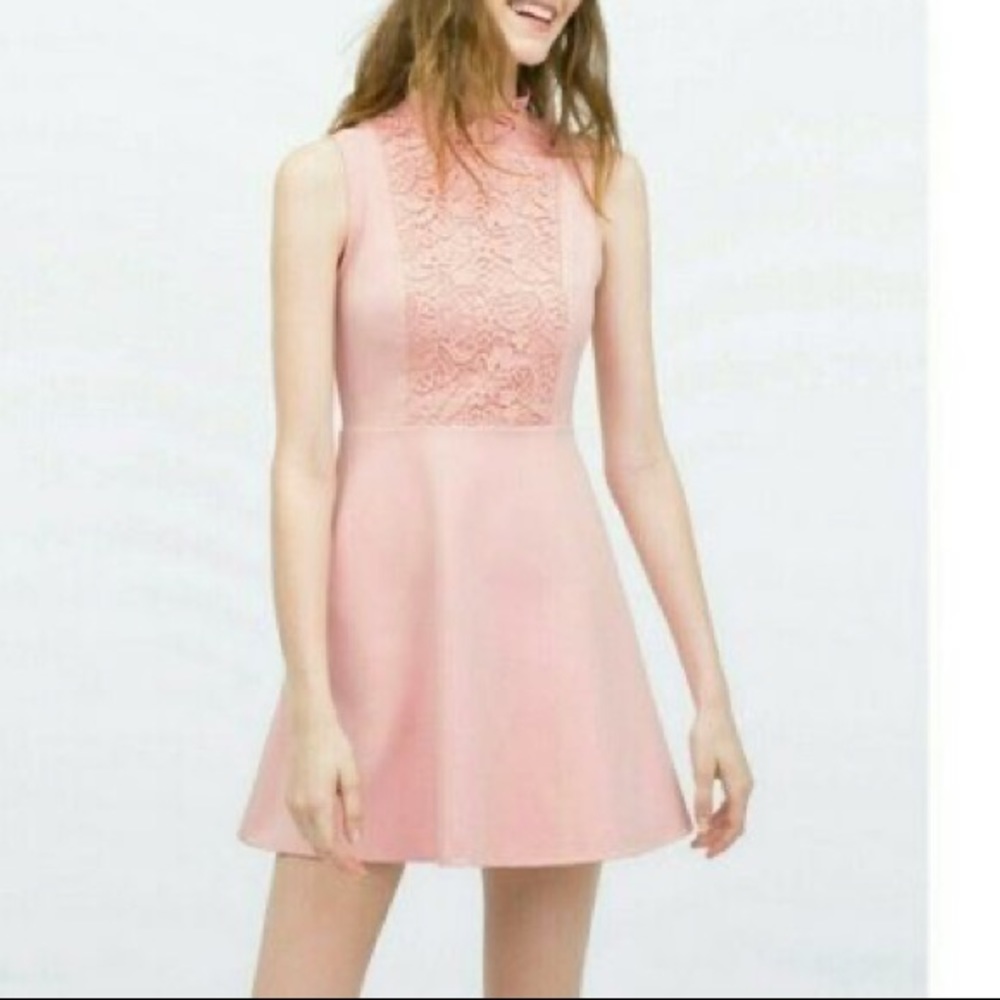 Zara high neck lace fit ruffle flare skater dress women's S salmon pink